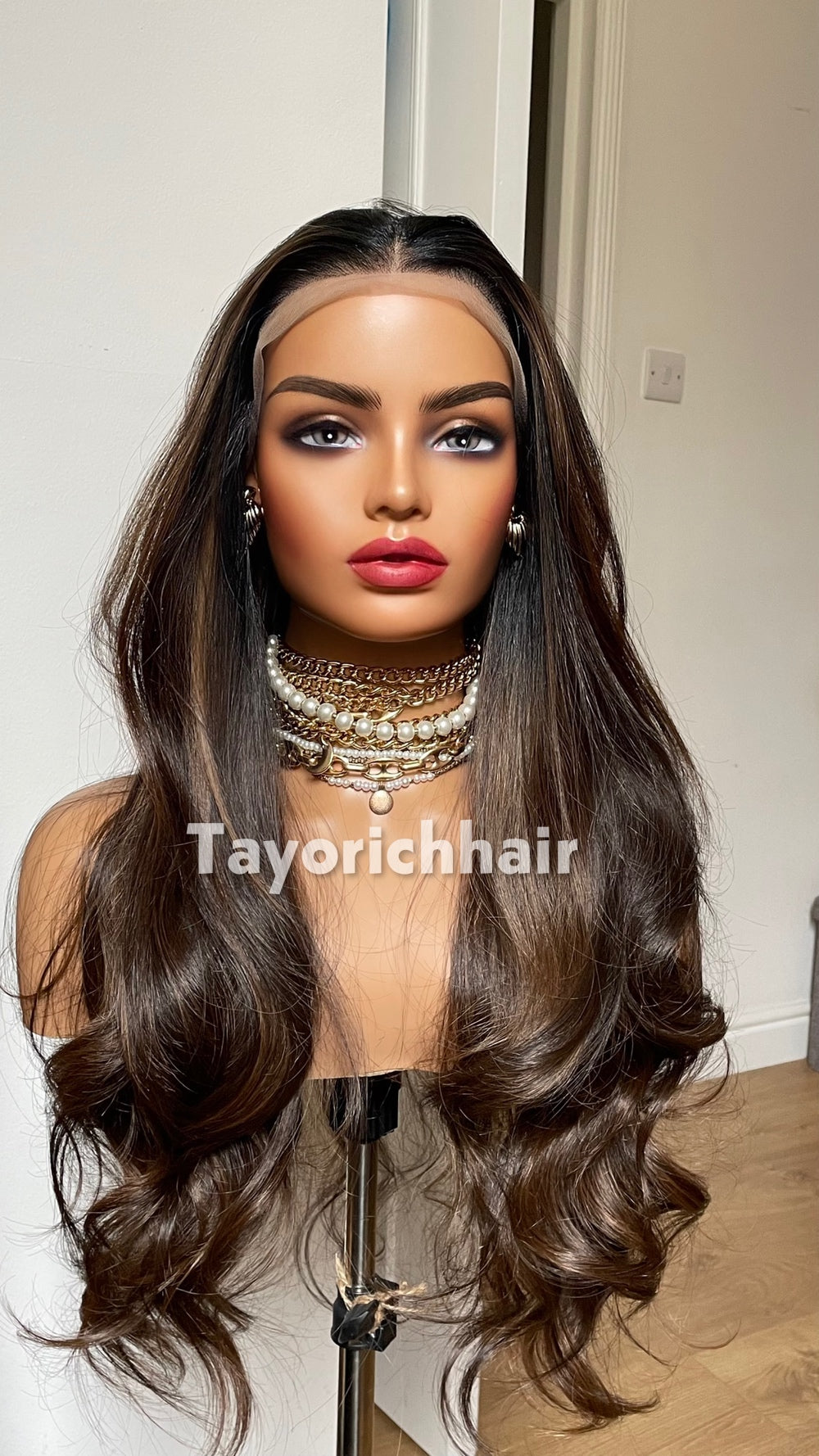 Dark Brown Highlighted Synthetic Lace Front Wig – 24 Inch, Glueless, Heat Safe