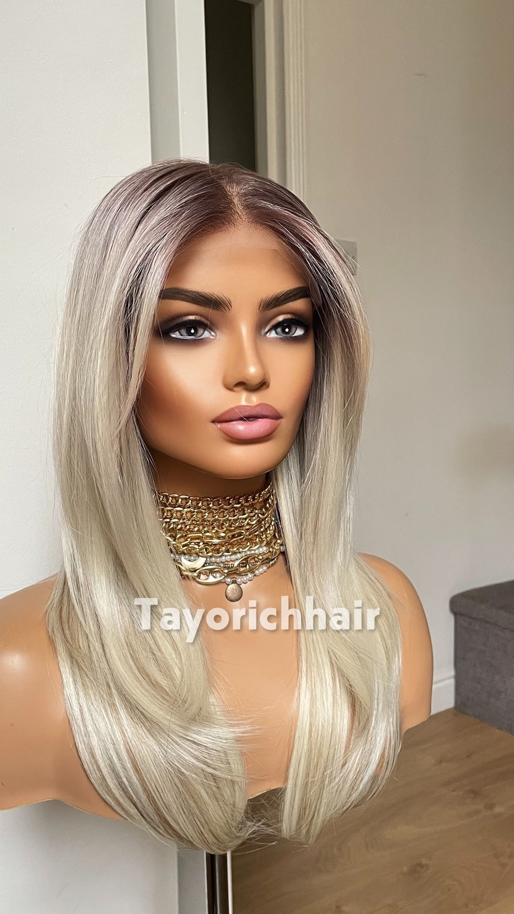 Blonde 16” Feathered Layered Wig | Dark Roots & Lowlight