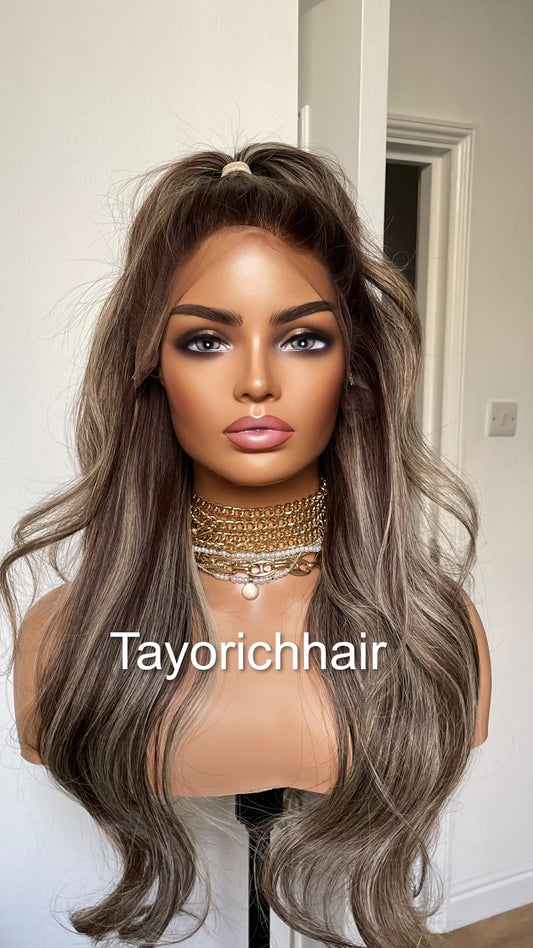 Blonde and Dark Brown Mix Human Hair Wig With Dark Brown Roots-13x6 HD HD Lace Wig With Free Part