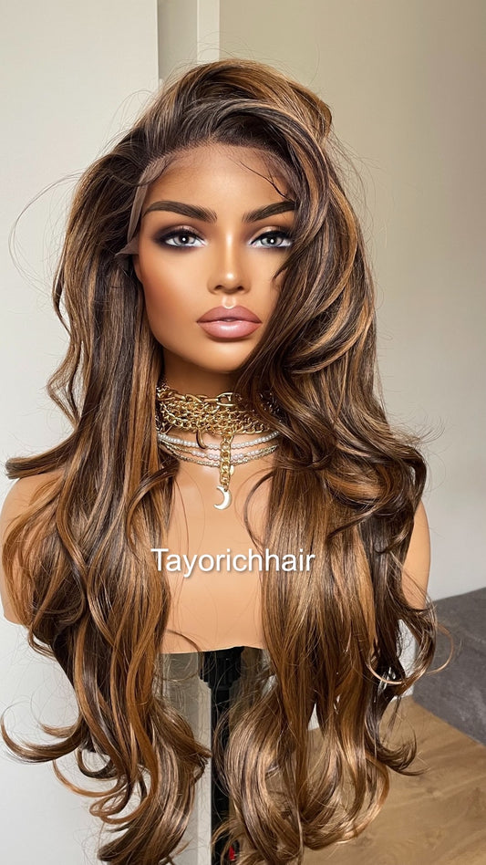 Blonde And Brown Layered Wig: Long Wavy Synthetic Hair, 13x6 Lace Frontal Wig By Tayorichhair.