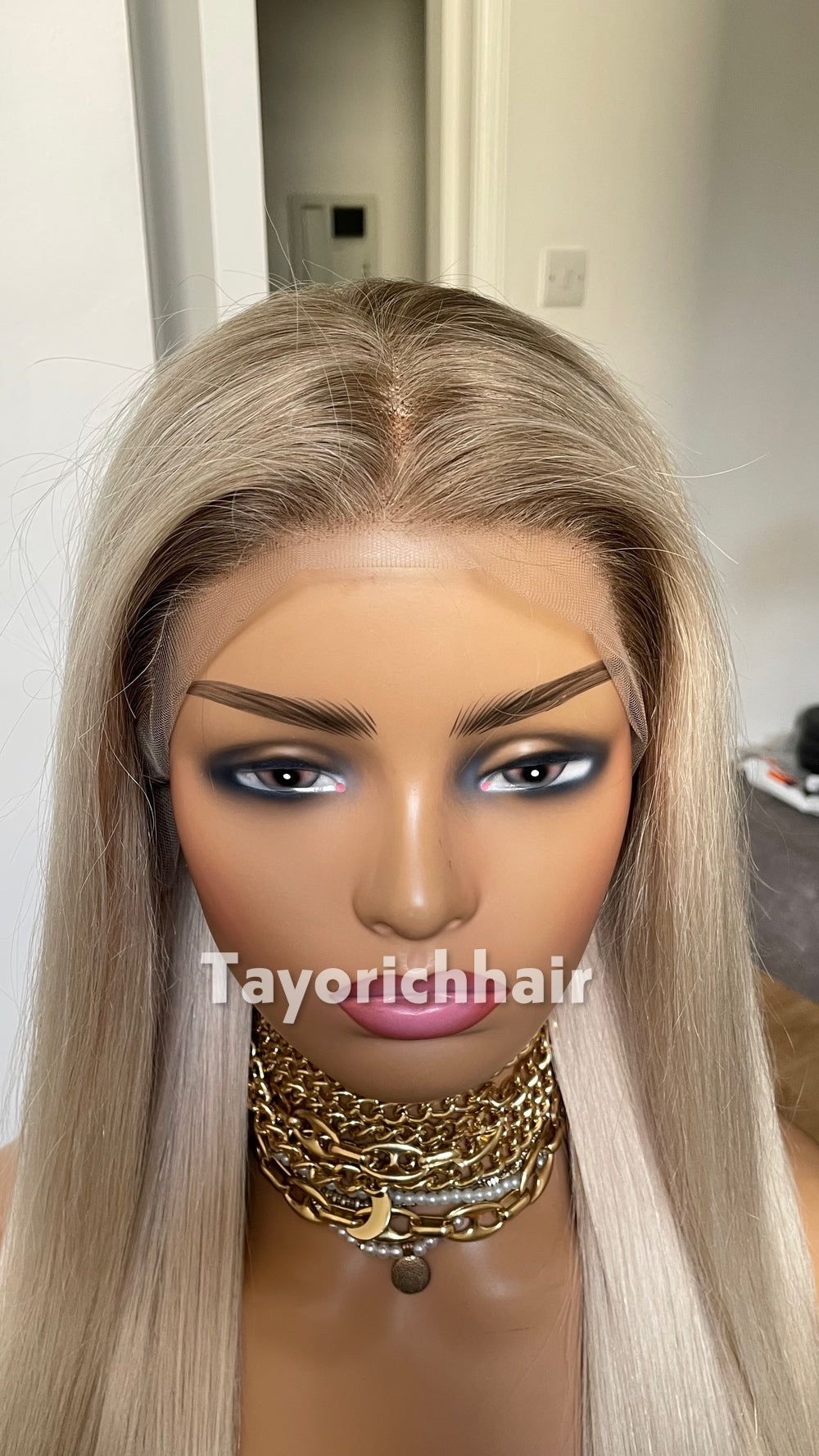 TayoRichHair 13x4 HD Lace Front Ash Platinum Blonde Straight Wig – 100% Human Hair (24 Inch, 200% Density, Dark Roots, Average Cap)