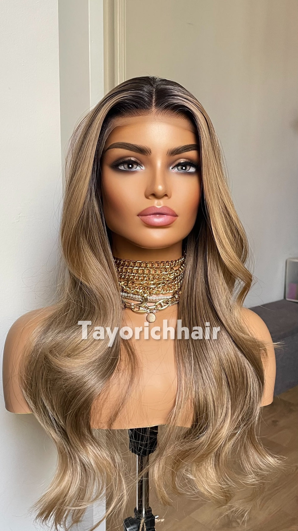 Dark Ash Brown Wig with Blonde Highlights & Black Roots | 20” Wavy