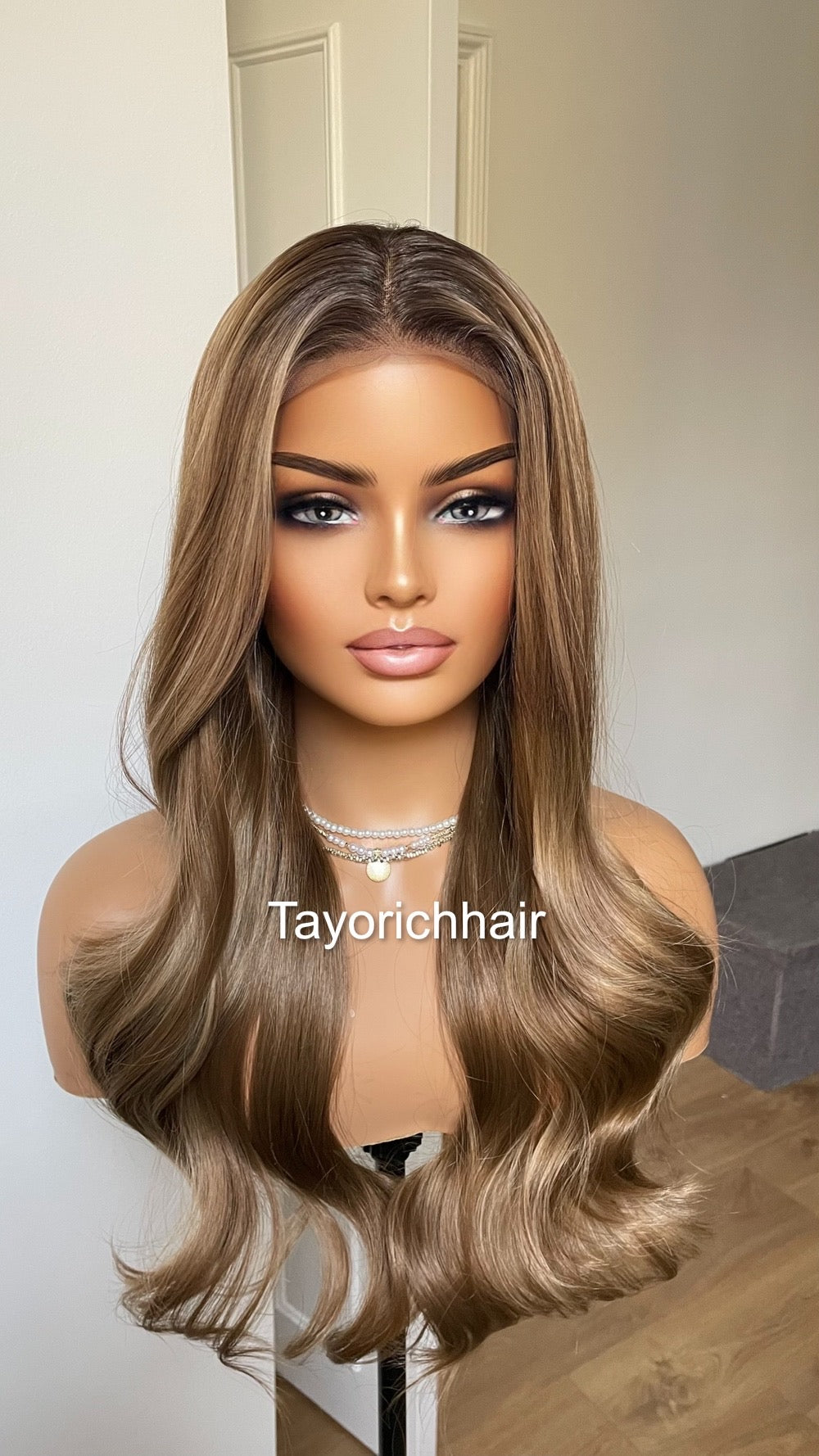 Mixed Ash Brown Lace Frontal Wig With Black Roots/ Mixed Brown Synthetic Wig For Womem Daily Wear Alopecia Hairloss Wigs/ Brown Wavy Hair