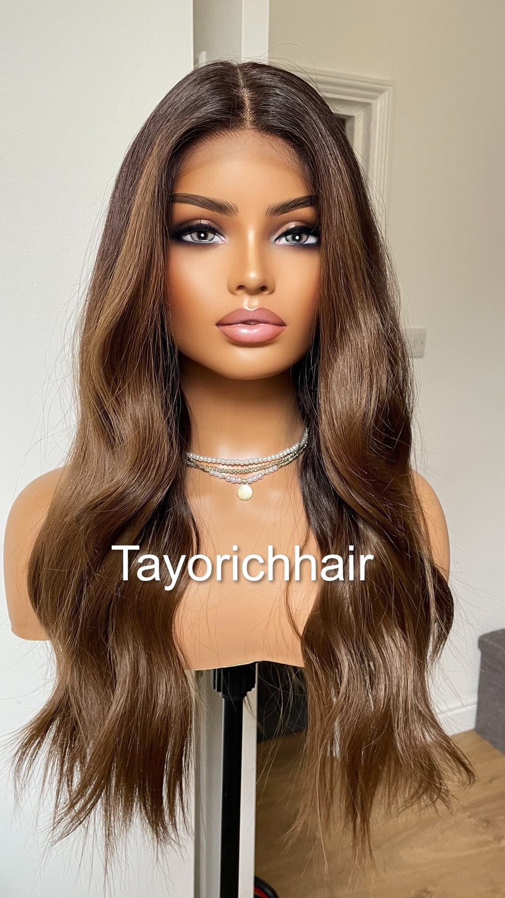Brown And Black Synthetic Lace Front Wig With Black Roots/Middle Part Brown Wig With 13 By 6 Lace Frontal/Wigs For Brunettes By Tayorichhair