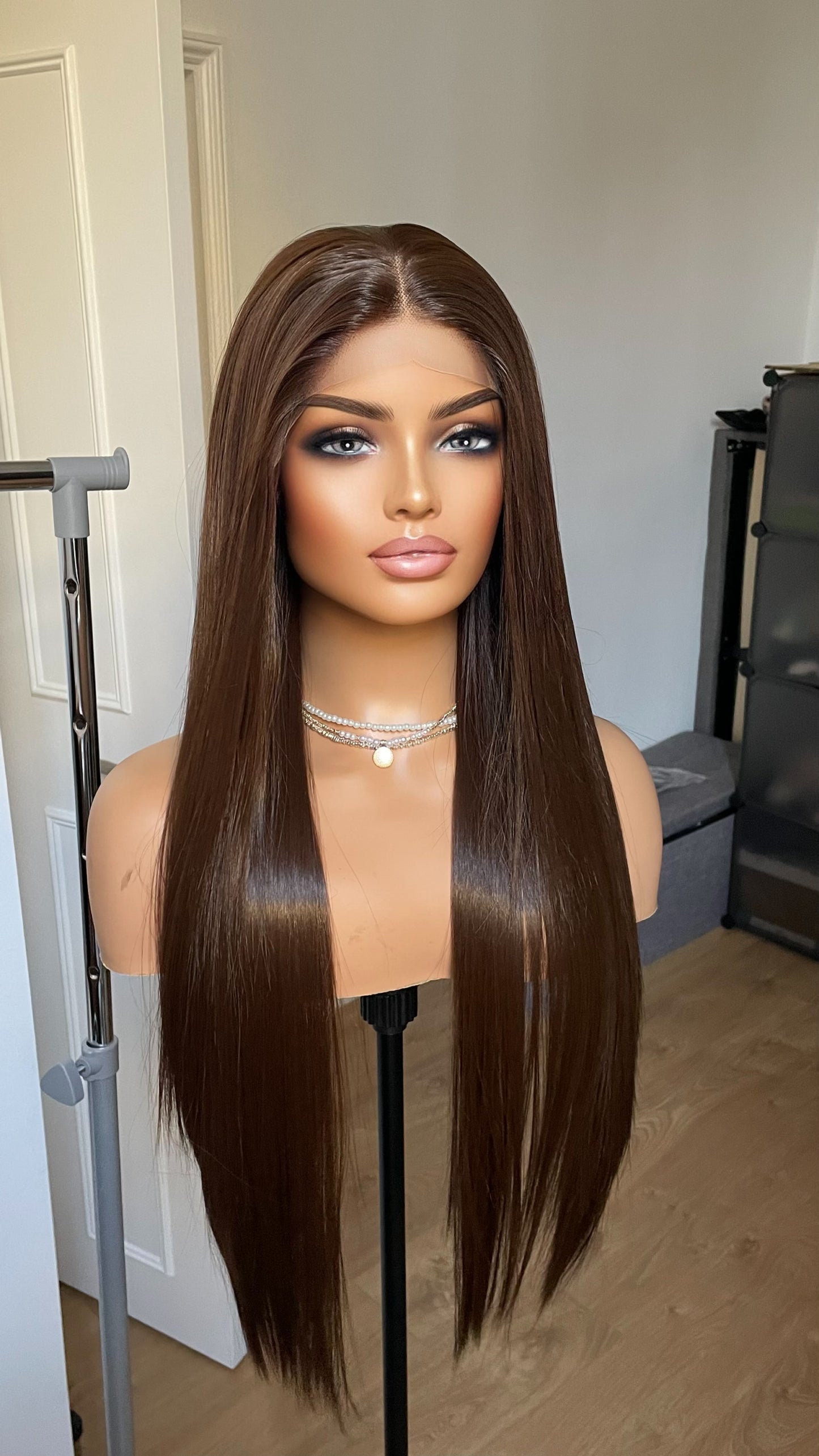 Dark Brunette Brown Lace Front Straight Wig For Women Natural Looking 13x3 Lace Front Wig With Realistic Hair Line Heat Friendly Synthetic