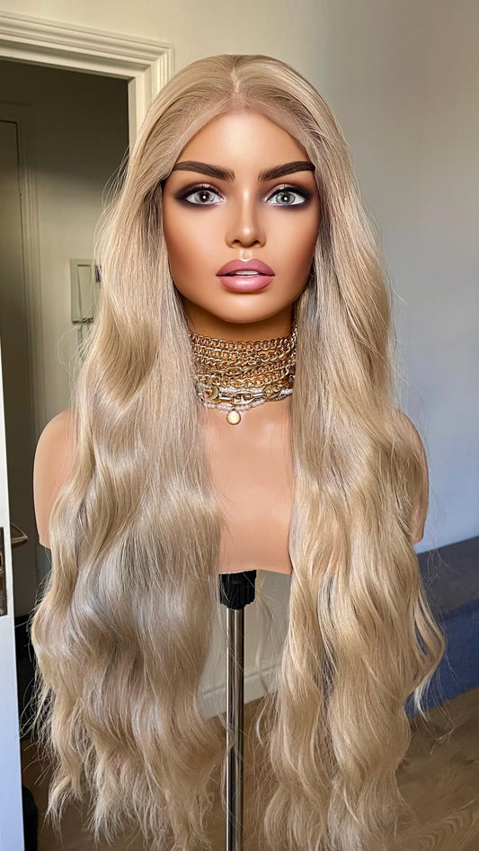 TayoRichHair | 24" Natural Ash Blonde Beach Wavy Lace Front Wig (13x6 Transparent Lace)