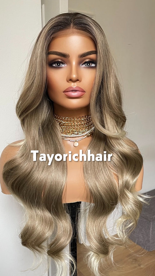 Dark Ash Blonde Synthetic Wig With Dark Roots/24 Inches Wavy Hair Lace Frontal Wig By Tayorichhair.
