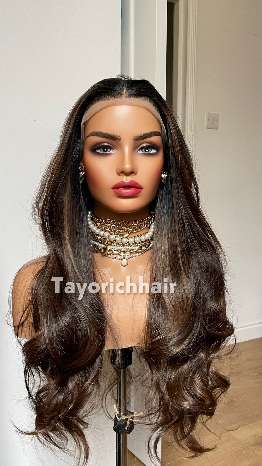 Dark Brown Highlighted Synthetic Lace Front Wig – 24 Inch, Glueless, Heat Safe