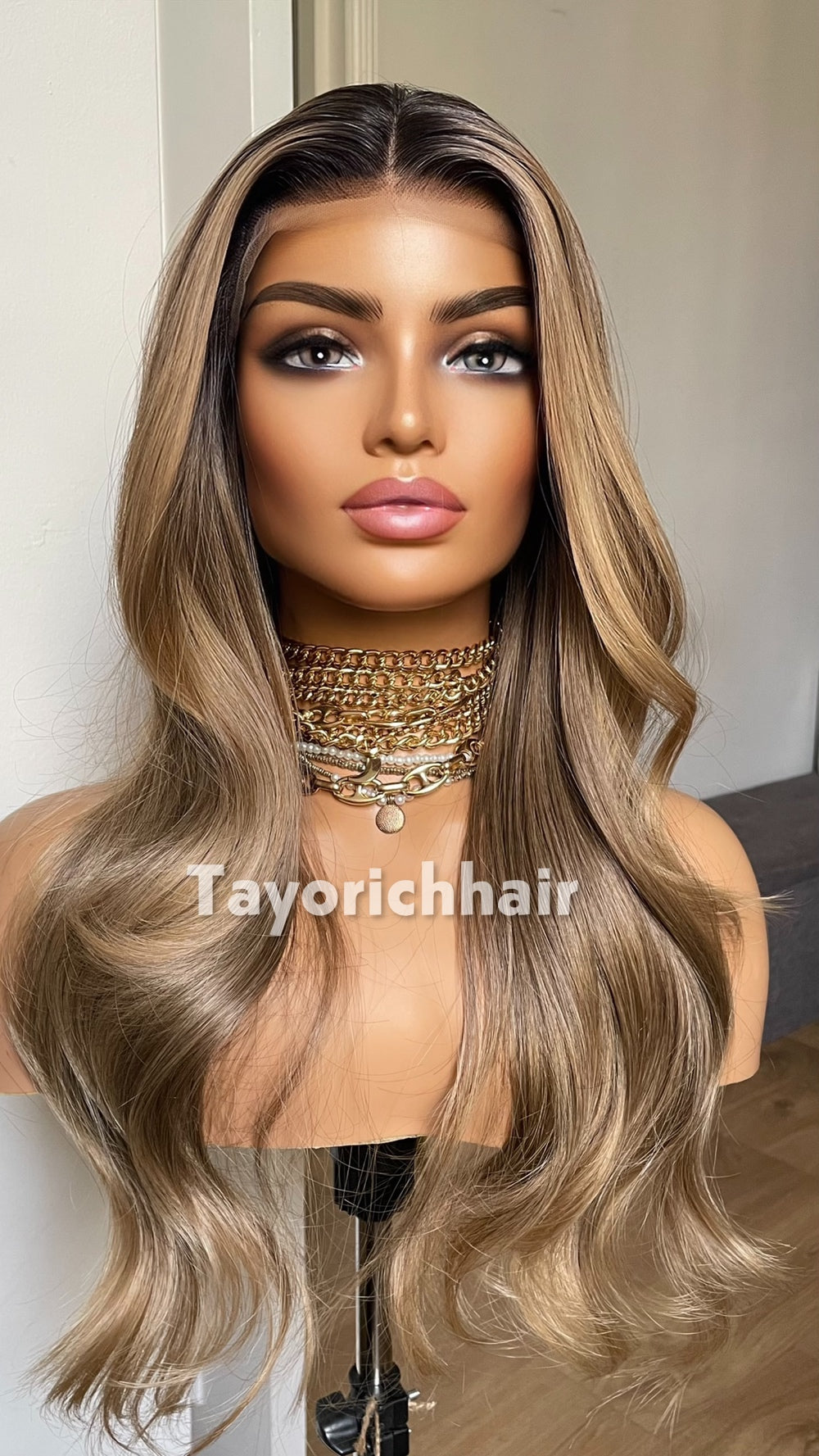 Dark Ash Brown Wig with Blonde Highlights & Black Roots | 20” Wavy
