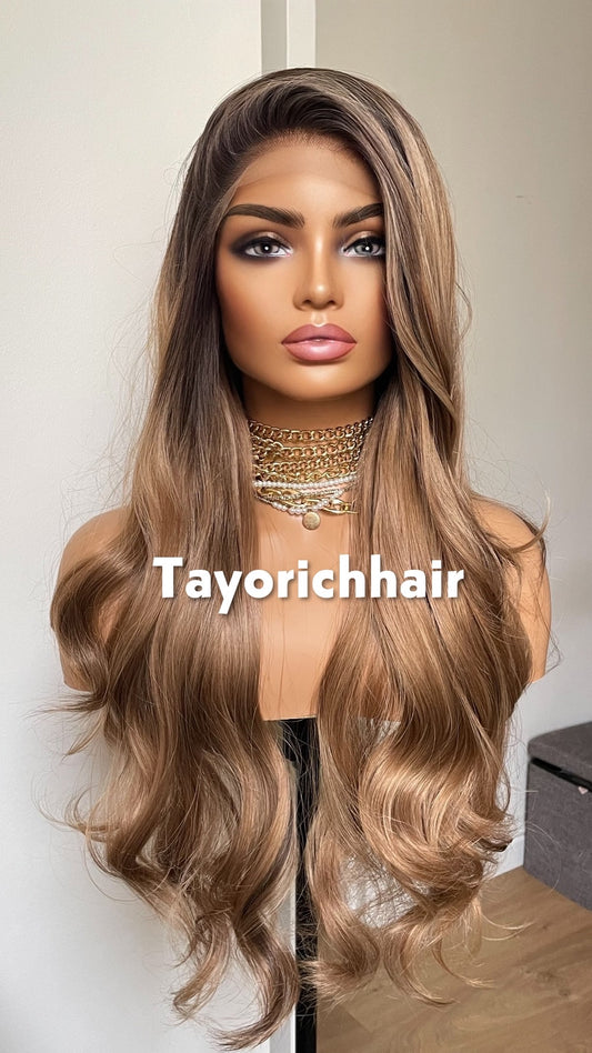 Caroline; Caramel Brown Lace Frontal Wig With Dark Roots & Lowlights