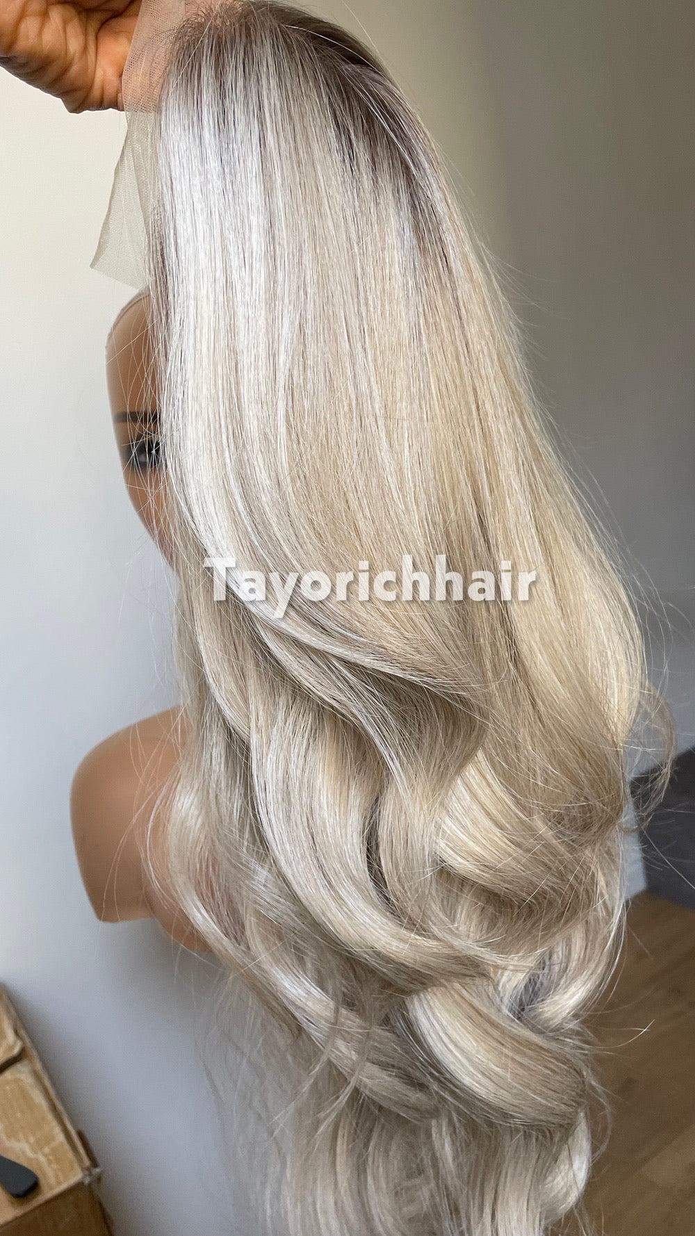 Ash Blonde Wig Lace Front Wig; Dark Roots, Highlights, Wavy Hair, Layered