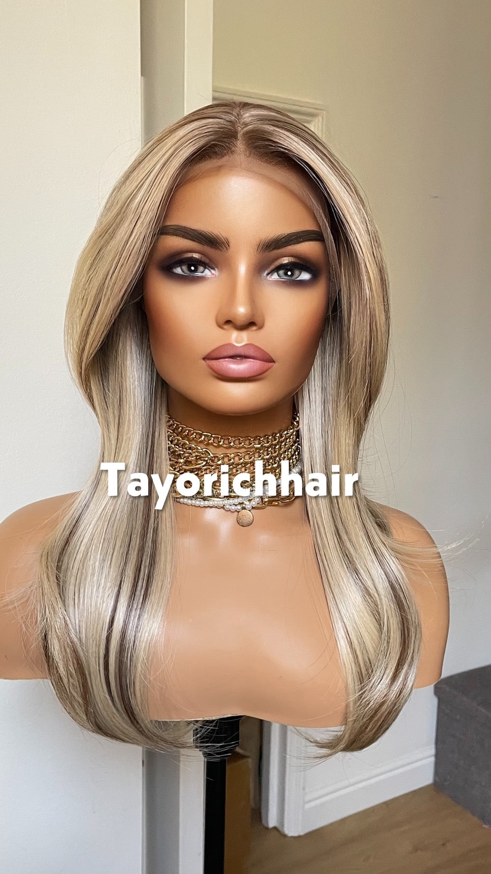 Sunkissed Blonde With Brown Highlights Wig; Lace Frontal Synthetic Wig, 16 Inches, Low Density Wig