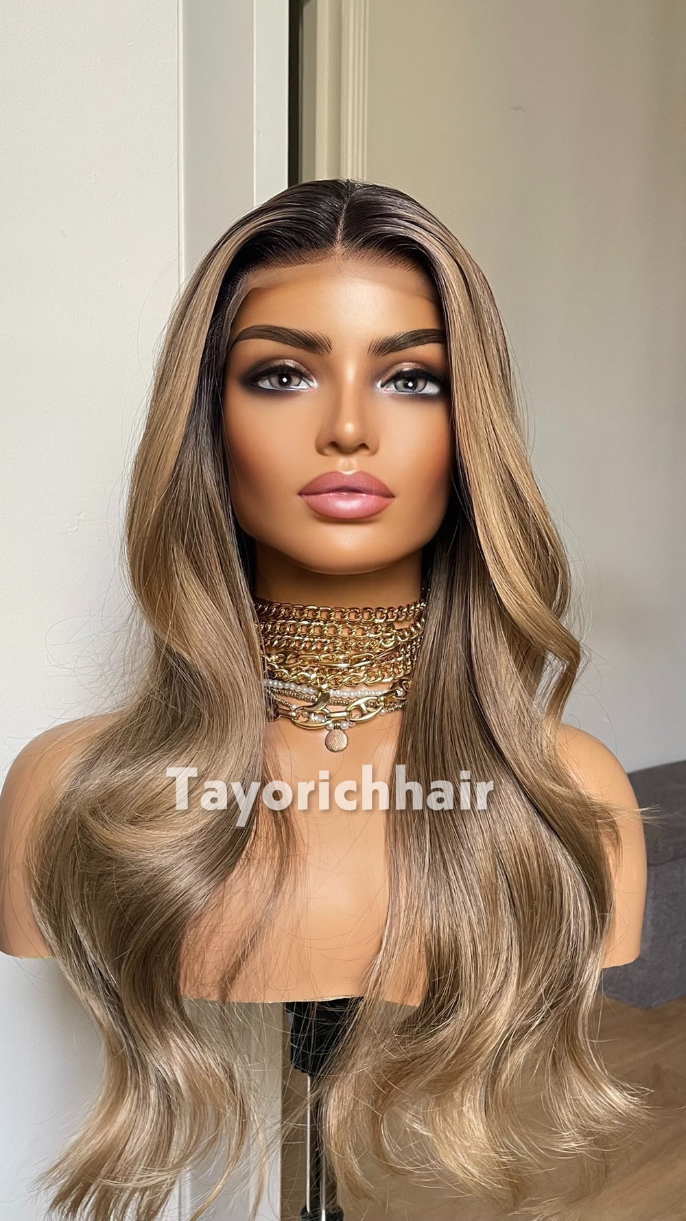 Dark Ash Brown Wig with Blonde Highlights & Black Roots | 20” Wavy