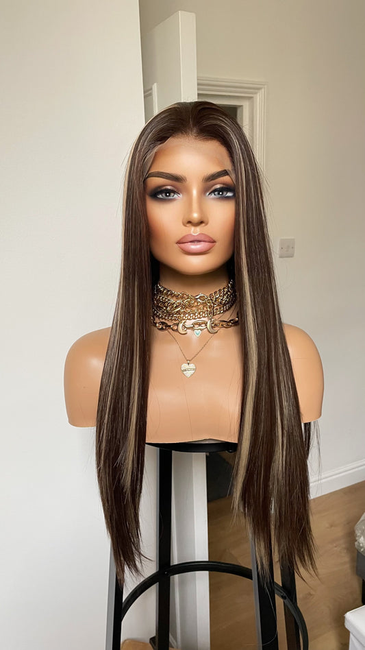 Dark Brown Straight Synthetic Lace Front Wig With Blonde Highlights