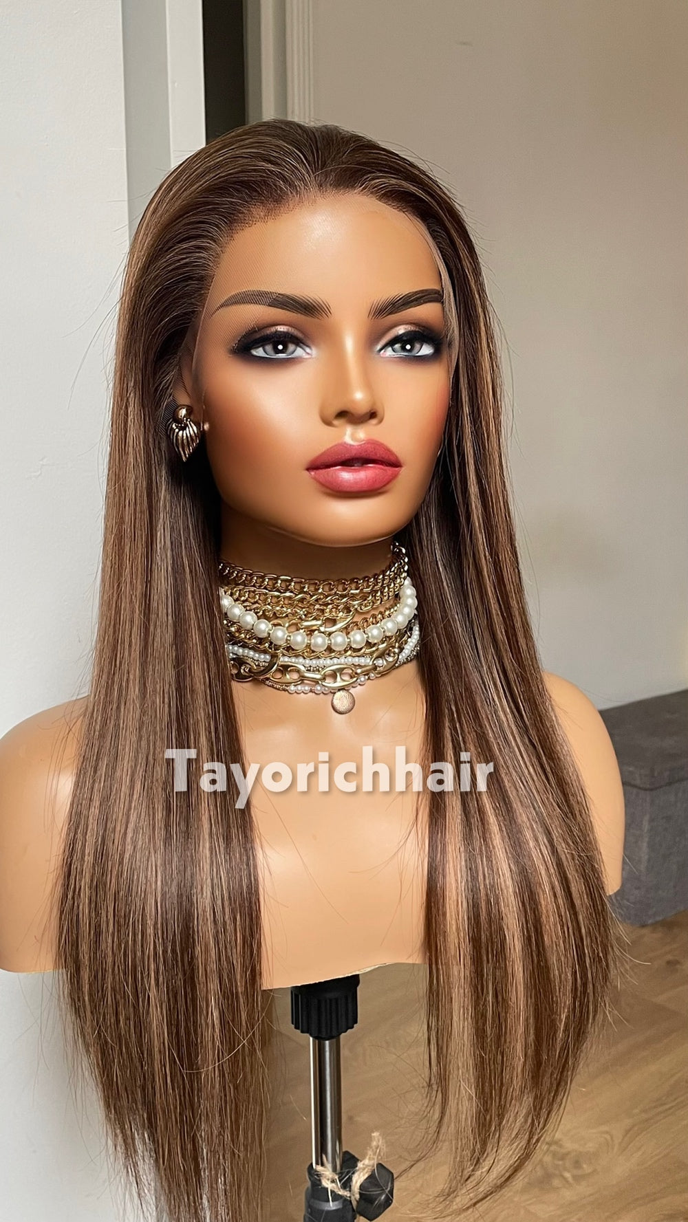 18-Inch Dark Brown & Blonde Human Hair Wig – 13x4 HD Lace Frontal