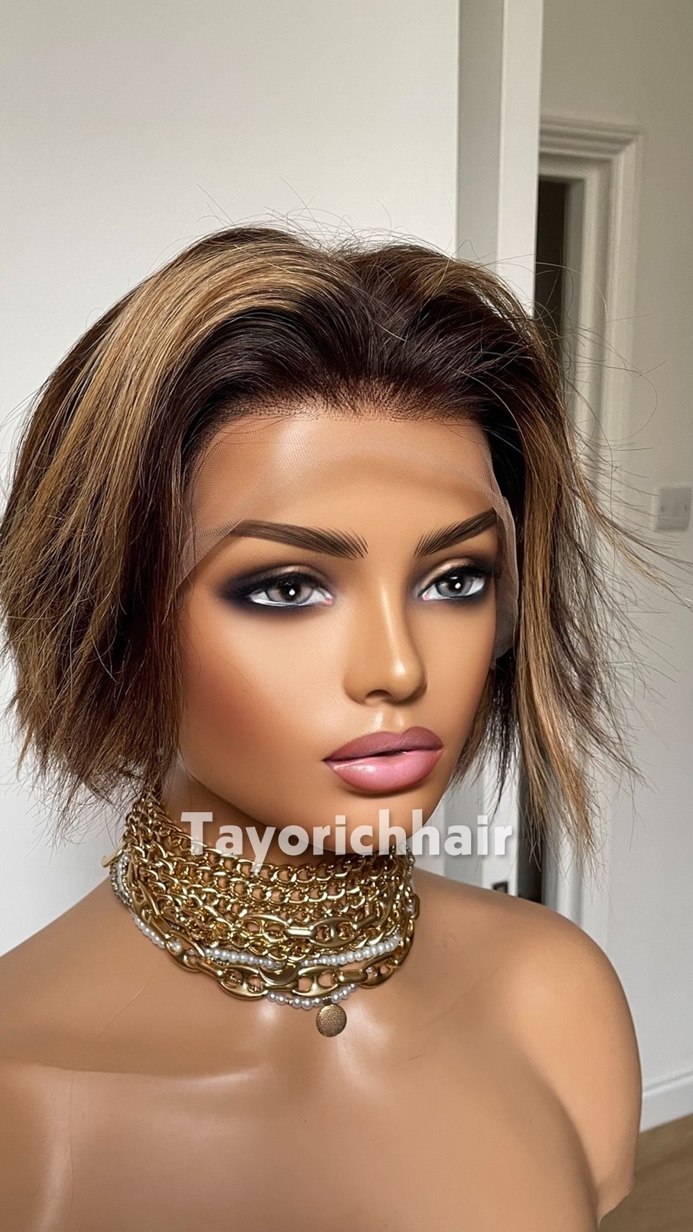 Short Brown Bob Human Hair Wig with Blonde Highlights | Straight 6 Inch Lace Front Wig | Natural Looking Bob Wig