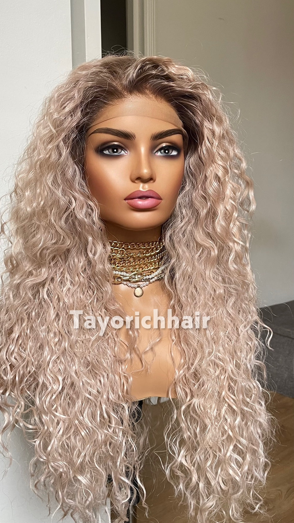 Pale Pink Curly Synthetic Lace Front Wig with Brown Roots – 22 Inch