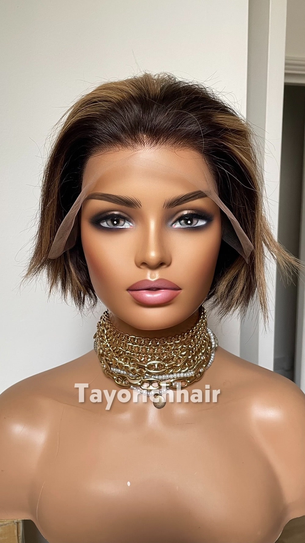 Short Brown Bob Human Hair Wig with Blonde Highlights | Straight 6 Inch Lace Front Wig | Natural Looking Bob Wig