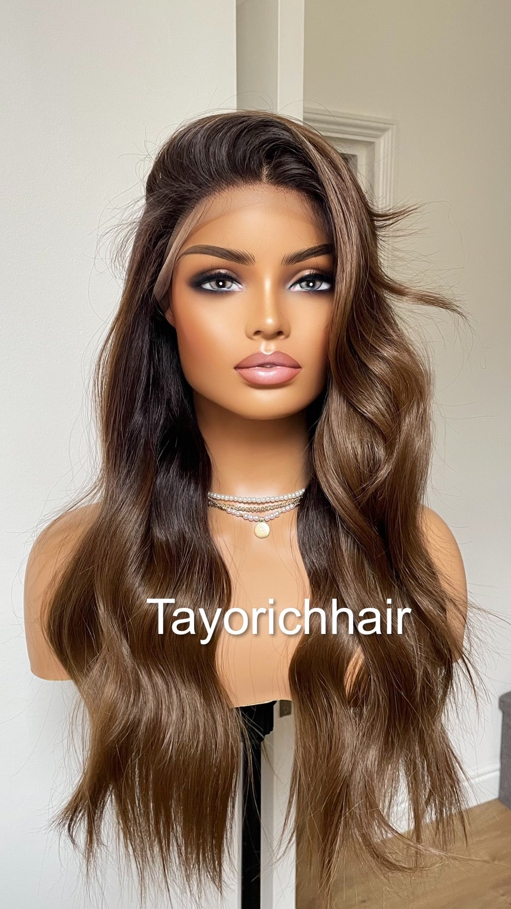 Brown And Black Synthetic Lace Front Wig With Black Roots/Middle Part Brown Wig With 13 By 6 Lace Frontal/Wigs For Brunettes By Tayorichhair