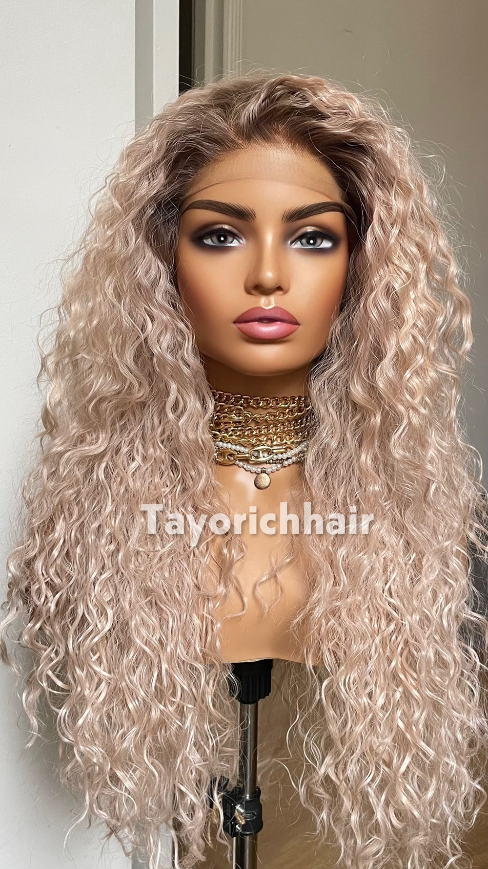 Pale Pink Curly Synthetic Lace Front Wig with Brown Roots – 22 Inch