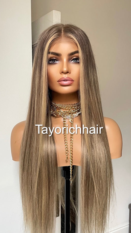 Dark Ash Blonde Human Hair Wig With Light Blonde Highlights/13 By 6 HD Lace Frontal Straight Human Hair Wig For Women By Tayorichhair