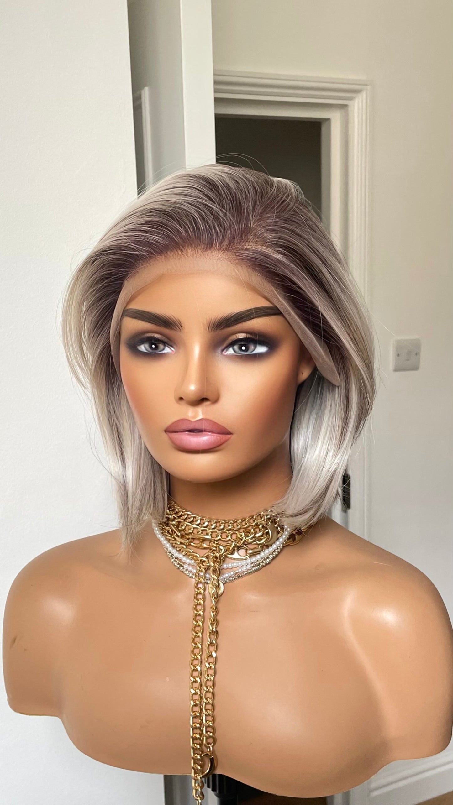 Salt and Pepper Short Bob Wig: Synthetic Lace Frontal, Brown Roots