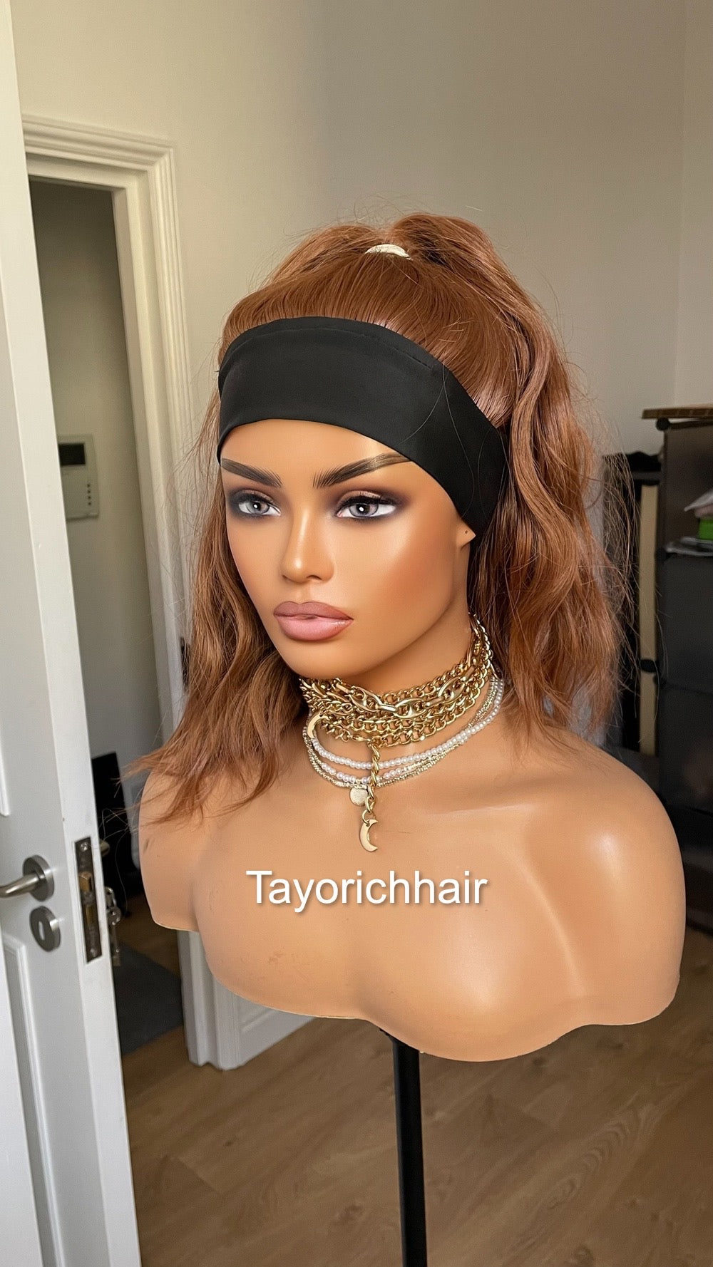 Auburn Ponytail Headbang Synthetic Wig/ No Lace Wig/ Auburn Brown Updo Heat Safe Synthetic Wig For Women/ Auburn Wavy Hair Wig