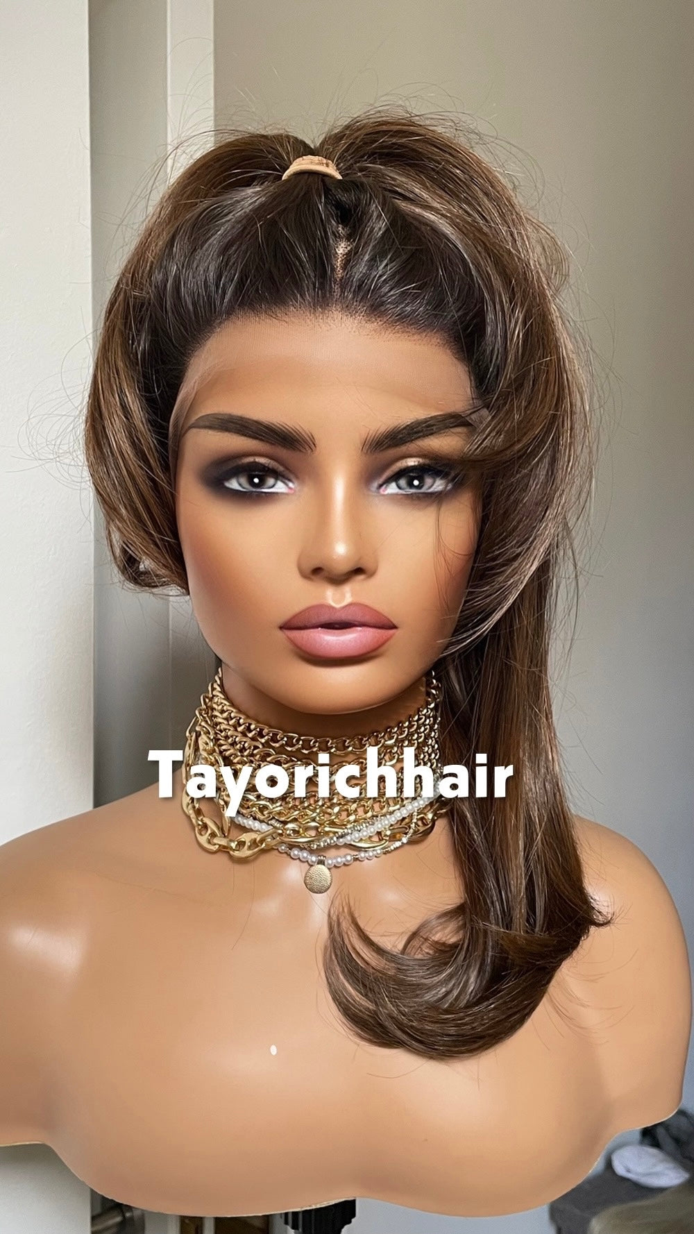 Brown 14-Inch Bob Wig With Highlights; Black Roots, 13by6 Lace Synthetic Wig