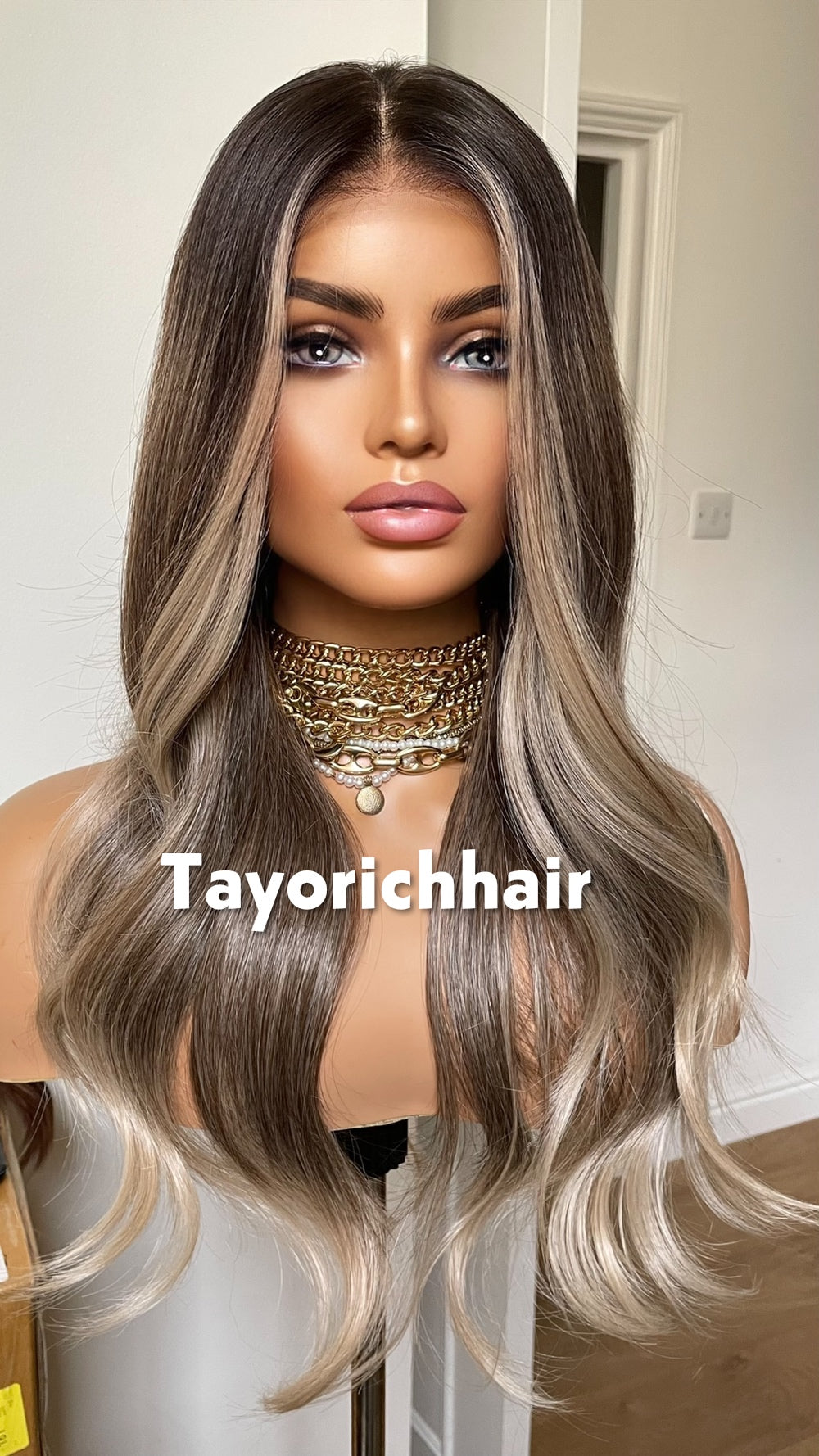 Tayorichhair 20" Dark Ash Blonde Wavy Synthetic Wig – 13x4 Transparent Lace, Glueless Money Piece Highlights (150% Density)