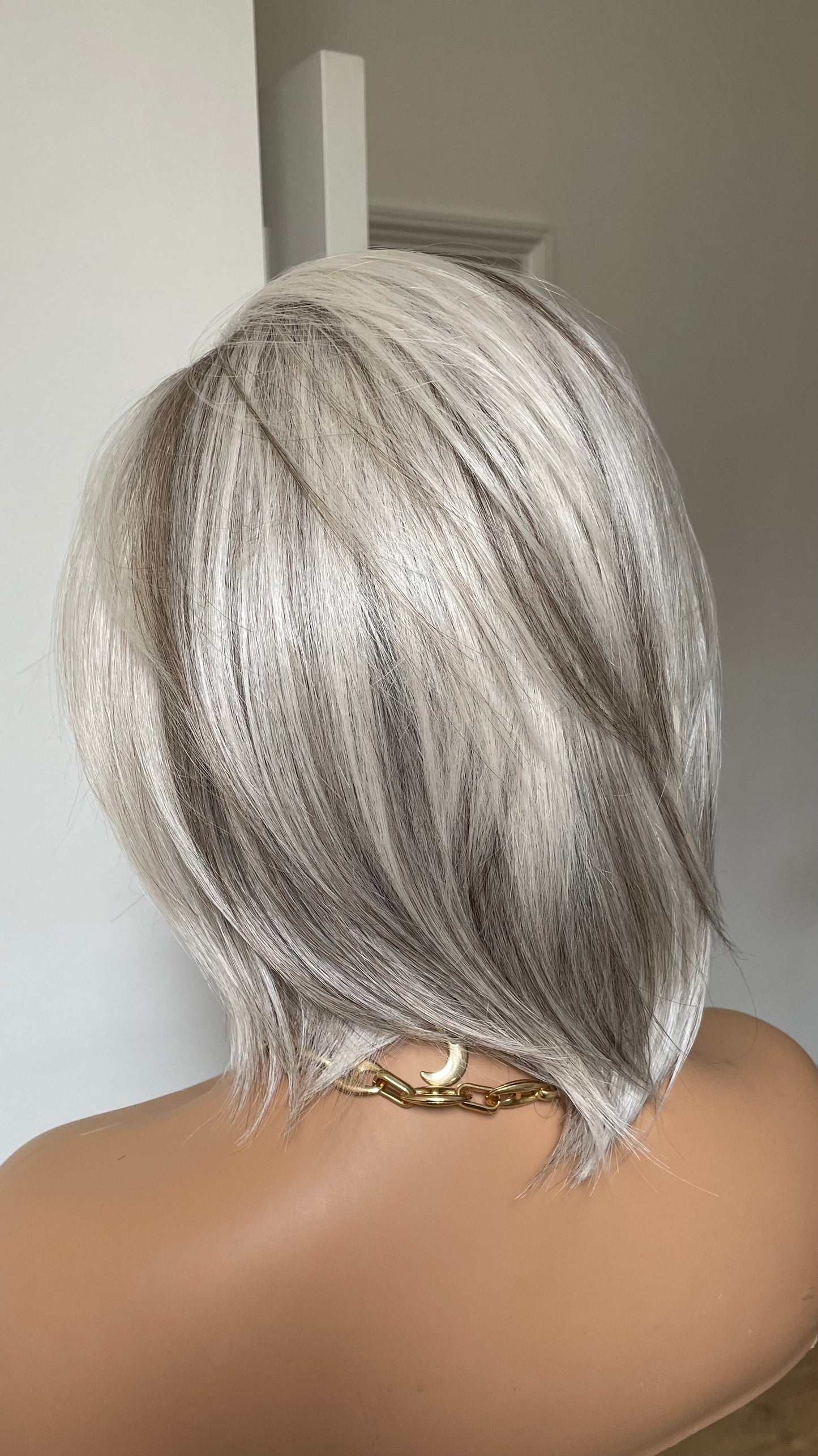 Salt and Pepper Short Bob Wig: Synthetic Lace Frontal, Brown Roots