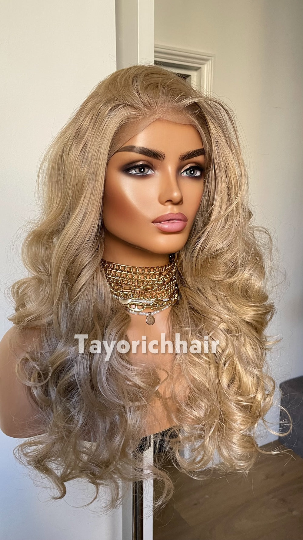 Natural Ash Blonde Spiral Curly Wig | 16” Heat Safe Synthetic Lace Front Wig | 13x6 Transparent Lace | Free Part | Vintage Hollywood Elegance | Tayorichhair