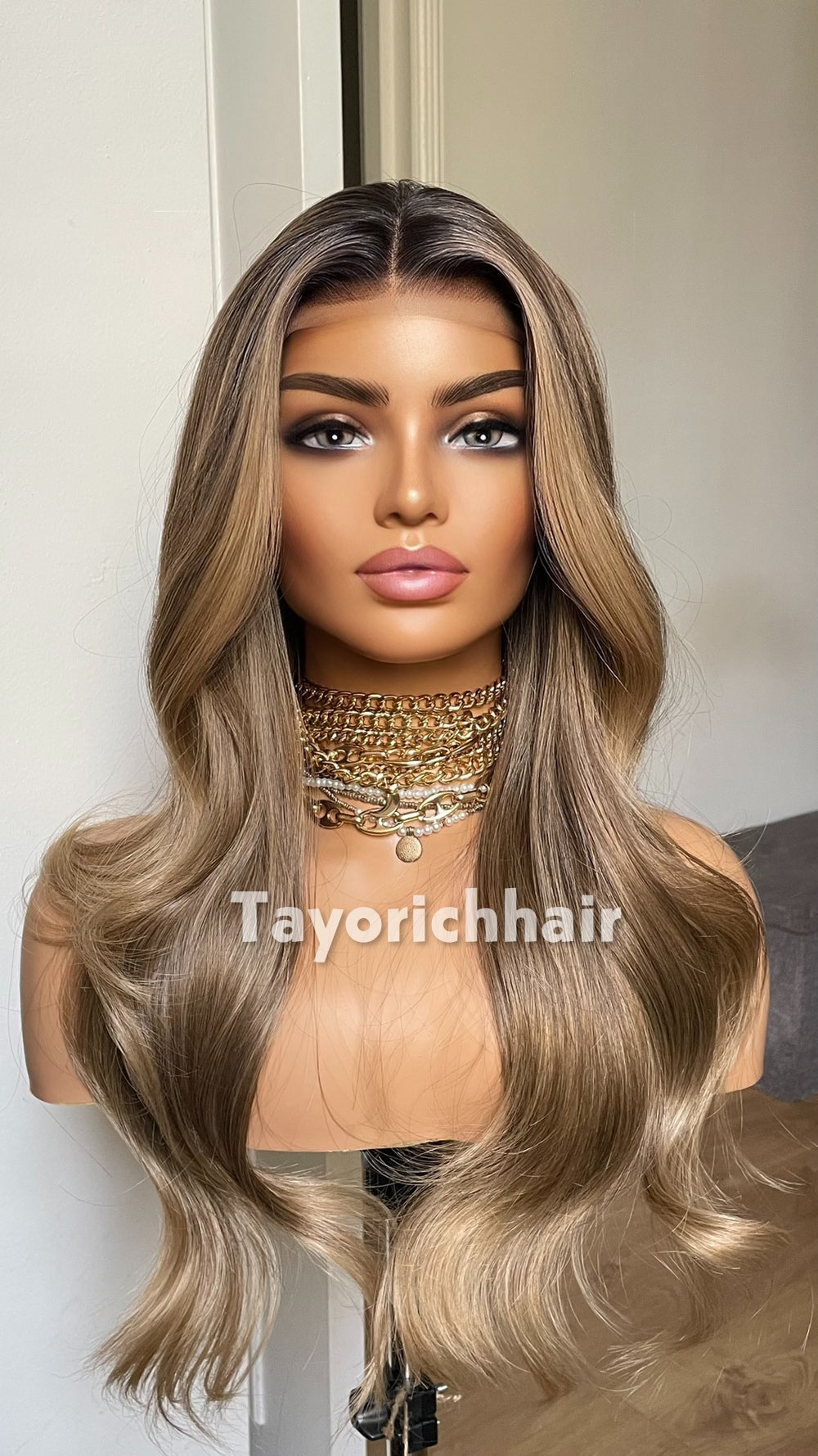 Dark Ash Brown Wig with Blonde Highlights & Black Roots | 20” Wavy