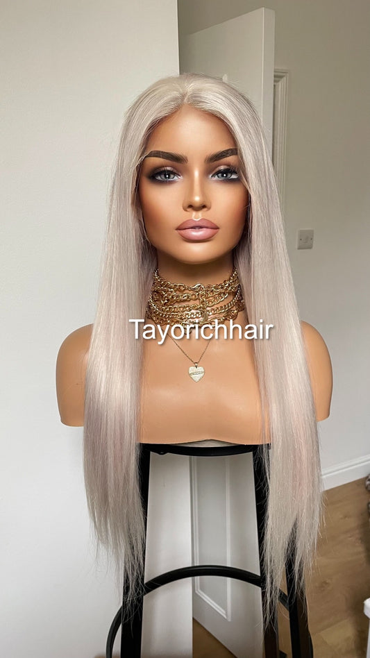 Platinum Blonde Straight Human Hair Wig In 20 Inches•HD Lace Front Wig With Free Part•Soft Hair Wig For Women Hairloss Alopecia•180% Density