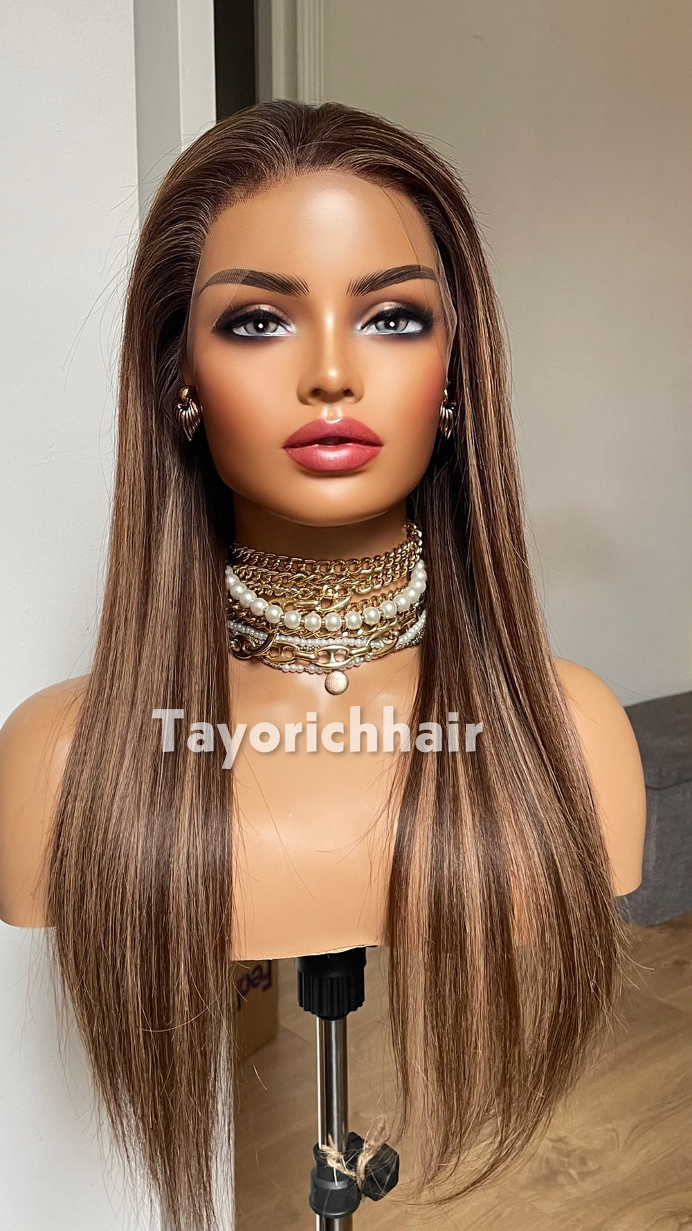 18-Inch Dark Brown & Blonde Human Hair Wig – 13x4 HD Lace Frontal