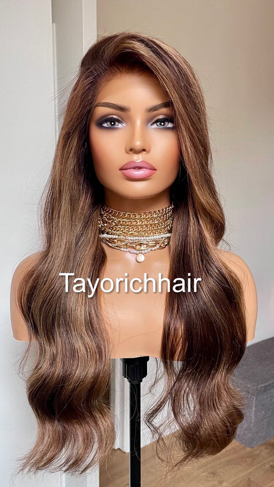 Brown Human Hair 13x4 Lace Frontal Wig With Blonde Highlights-22 Inches Wavy Hair Wig By Tayorichhair