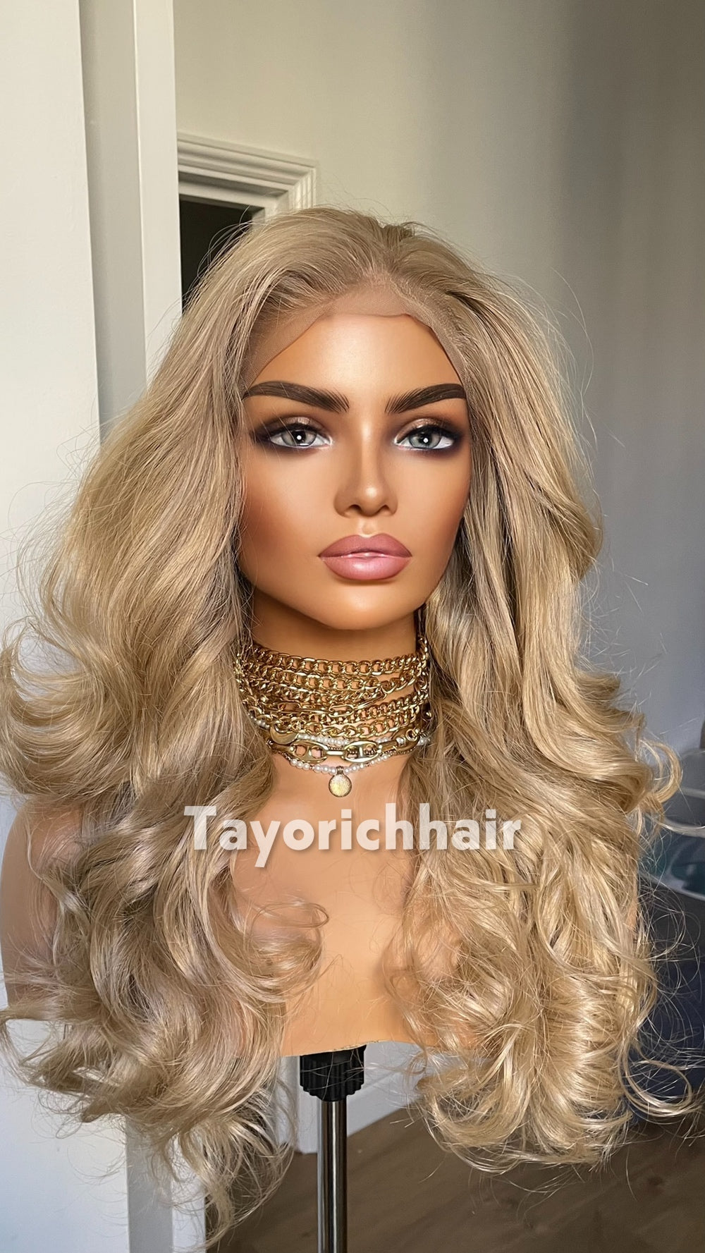Natural Ash Blonde Spiral Curly Wig | 16” Heat Safe Synthetic Lace Front Wig | 13x6 Transparent Lace | Free Part | Vintage Hollywood Elegance | Tayorichhair