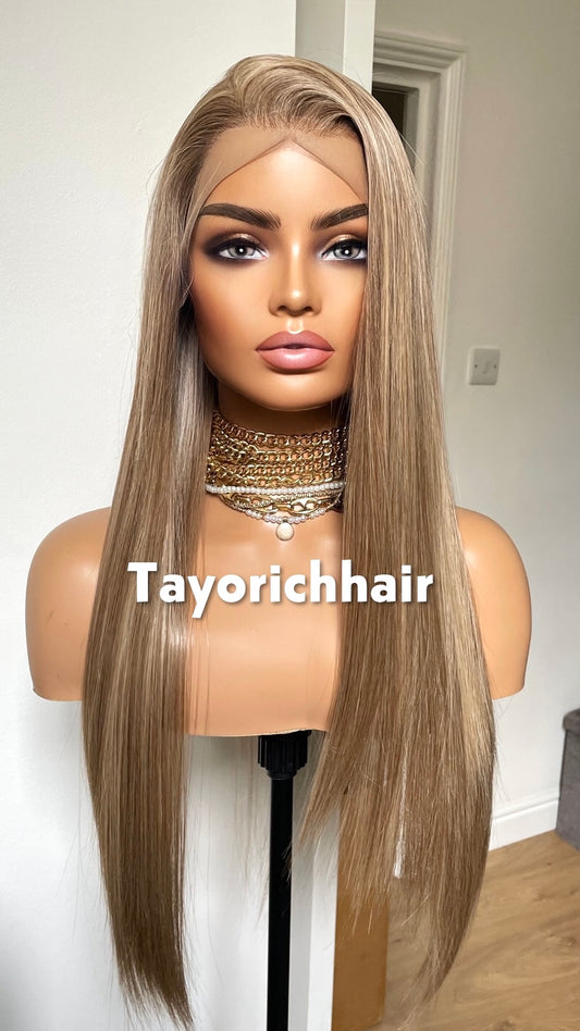 Long Elegant Mixed Dark And Natural Ash Blonde Hair Wig|Straight Blonde Heat Friendly Wig|Free Part Handtied Lace Front Wig|Natural Wigs