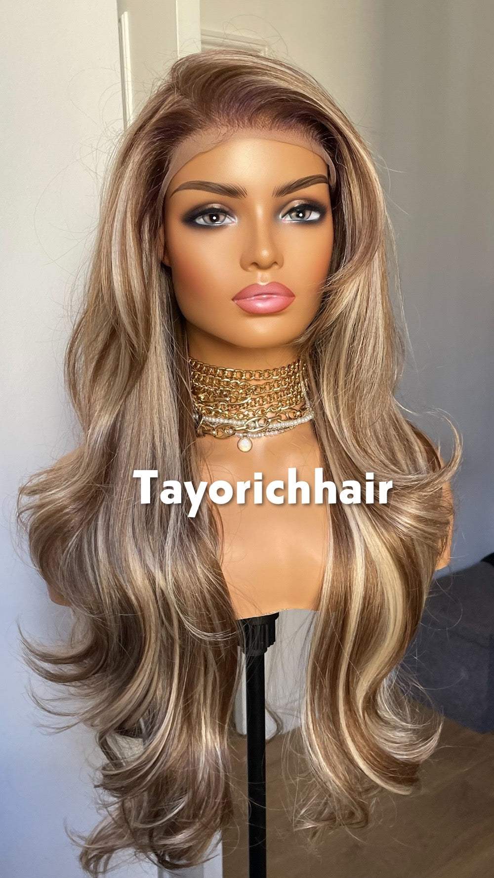 Mixed Blonde And Brown Lace Front Wig; Layered 24 Inch, Pre Plucked Hairline