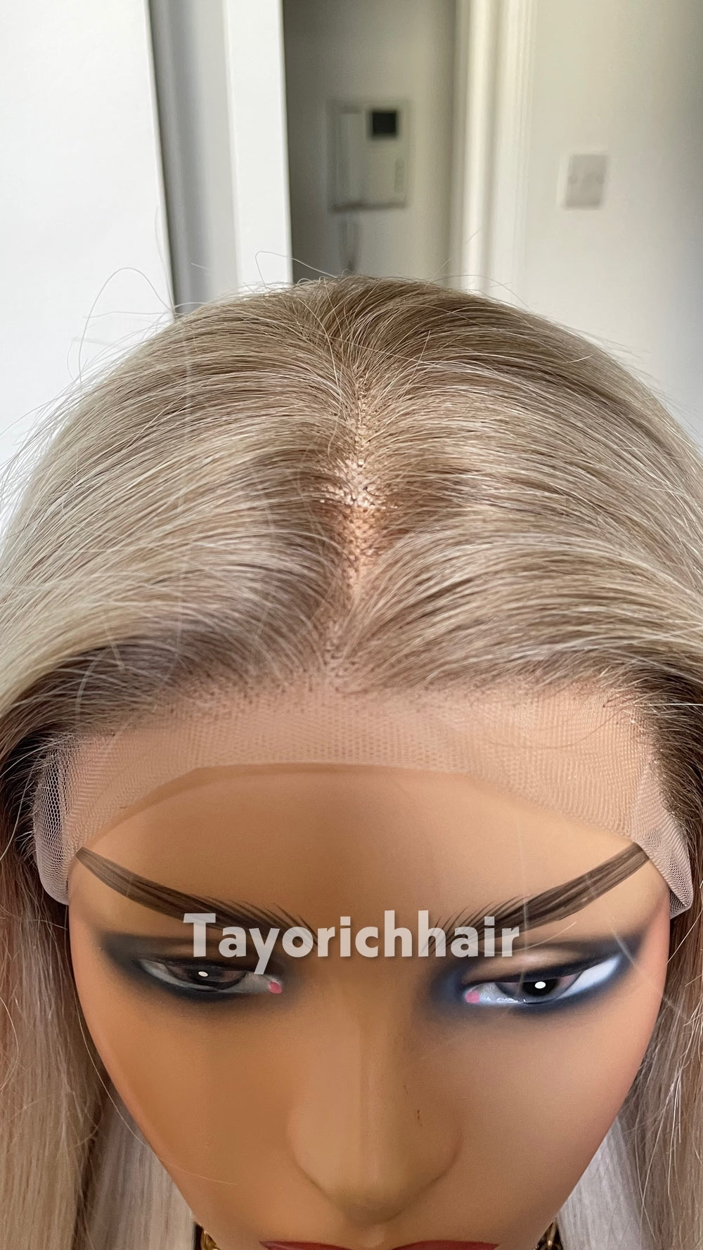 TayoRichHair 13x4 HD Lace Front Ash Platinum Blonde Straight Wig – 100% Human Hair (24 Inch, 200% Density, Dark Roots, Average Cap)