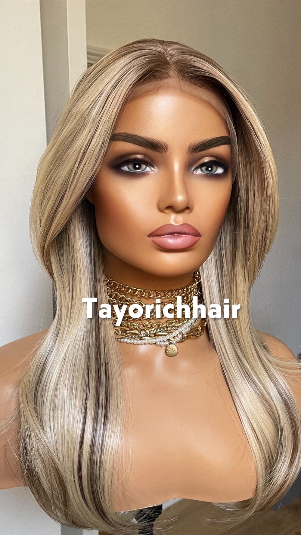 Sunkissed Blonde With Brown Highlights Wig; Lace Frontal Synthetic Wig, 16 Inches, Low Density Wig