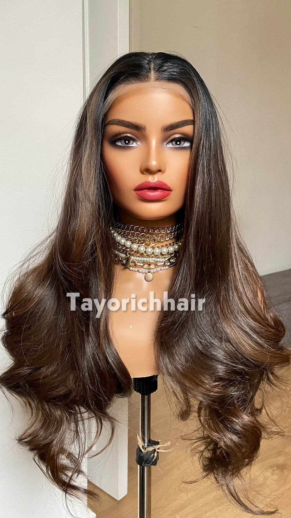 Dark Brown Highlighted Synthetic Lace Front Wig – 24 Inch, Glueless, Heat Safe