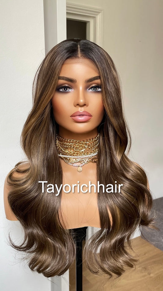 Darkest Brown Handtied Lace Top Wig With Dark Blonde Highlights And Black Roots-Wavy Hair In 20 Inches-Heat Friendly Wigs For Women