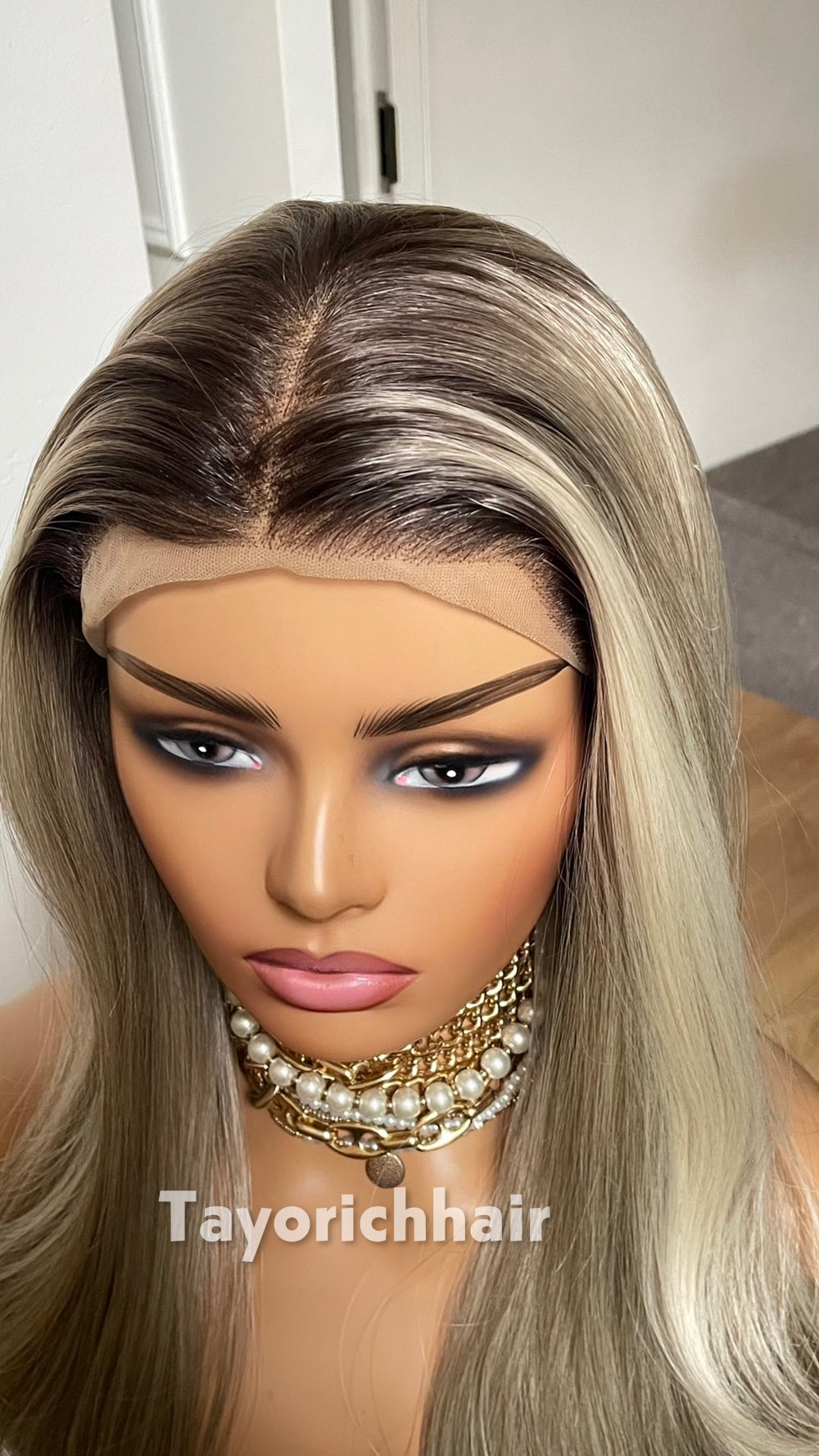 Dark Ash Blonde Synthetic Lace Front Wig with Black Roots & Money Piece Highlights – 18/20 Inch