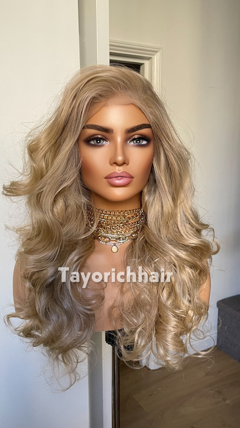 Natural Ash Blonde Spiral Curly Wig | 16” Heat Safe Synthetic Lace Front Wig | 13x6 Transparent Lace | Free Part | Vintage Hollywood Elegance | Tayorichhair