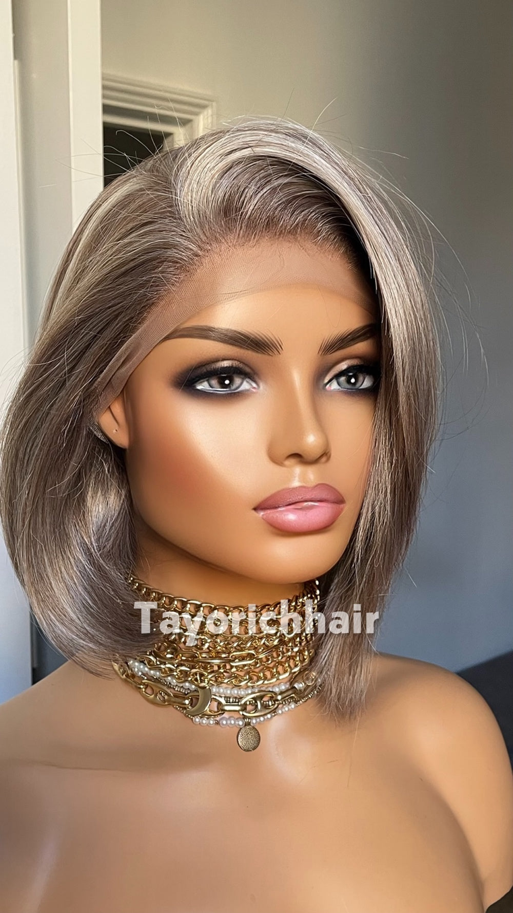 Grey Bob Wig | 10” Straight Heat-Safe Synthetic Lace Front Wig | Tayorichhair