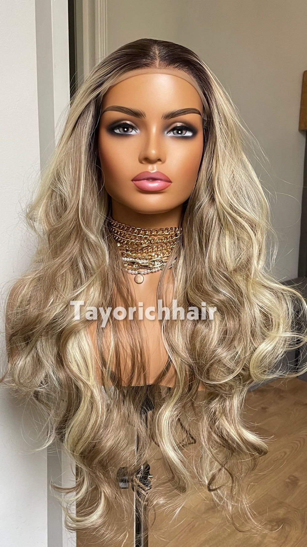 Mixed Blonde Synthetic Wig With Dark Root•Wavy Hair Lace Front Wig With 13x4 Lace•24 Inches Rooted Blonde Wig For Women•Middle Part Lace Wig