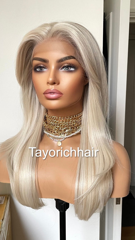 Scandinavian Platinum Blonde Lace Frontal Wig: Lowlights Heat-Friendly Synthetic Wig, 16 Inch Hair By Tayorichhair