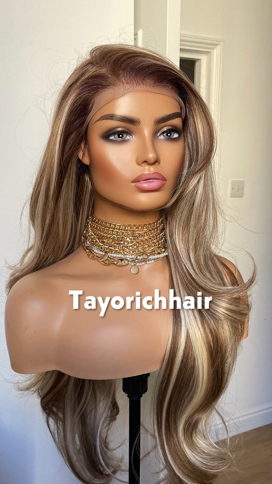Mixed Blonde And Brown Lace Front Wig; Layered 24 Inch, Pre Plucked Hairline