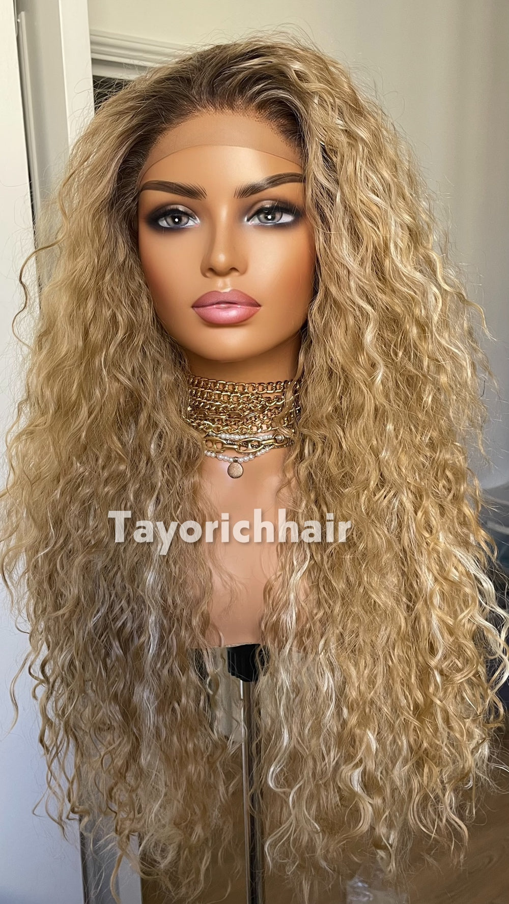 Strawberry Blonde Beach Curly Wig | 22” Layered Heat Safe Synthetic Wig | Blonde Streaks & Dark Roots | 13x3 Transparent Lace | Tayorichhair