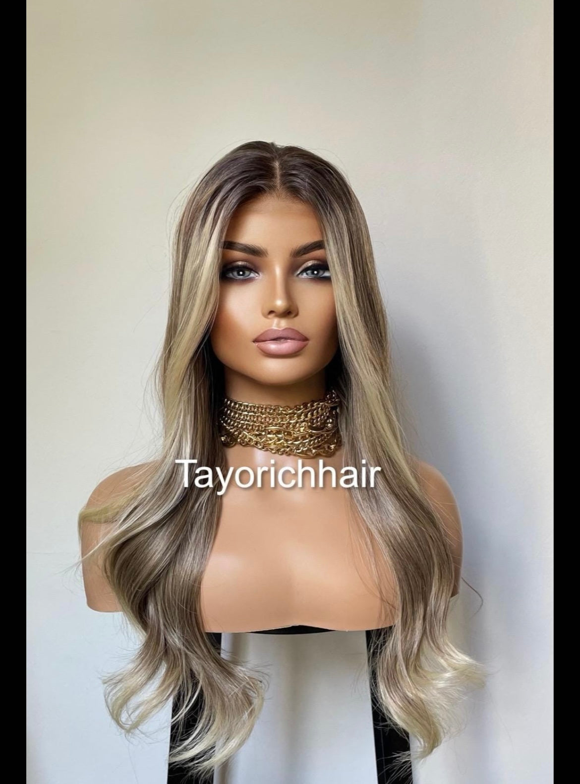 Dark Ash Blonde Lace Frontal Wig With Money Piece Highlights/ Synthetic Wig For Beginners/20 Inches hair/Ready To Ship Wigs By Tayorichhair